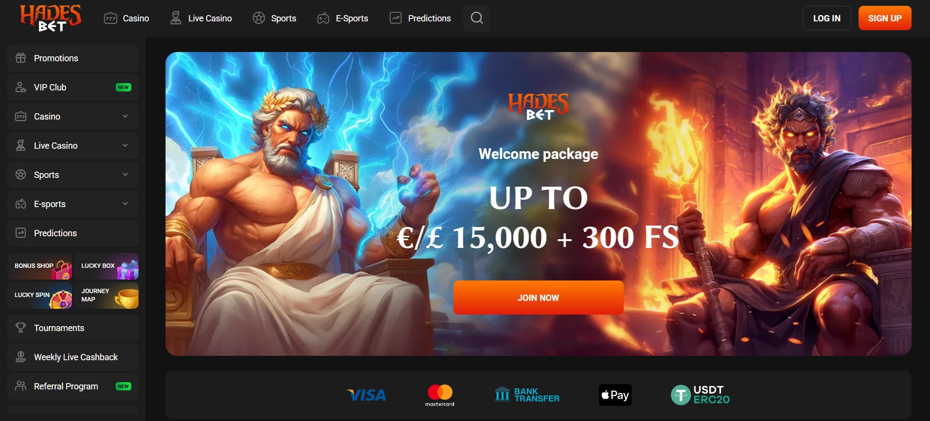 Capture d'écran de la bannière de bienvenue Hades Bet avec Zeus et Hadès