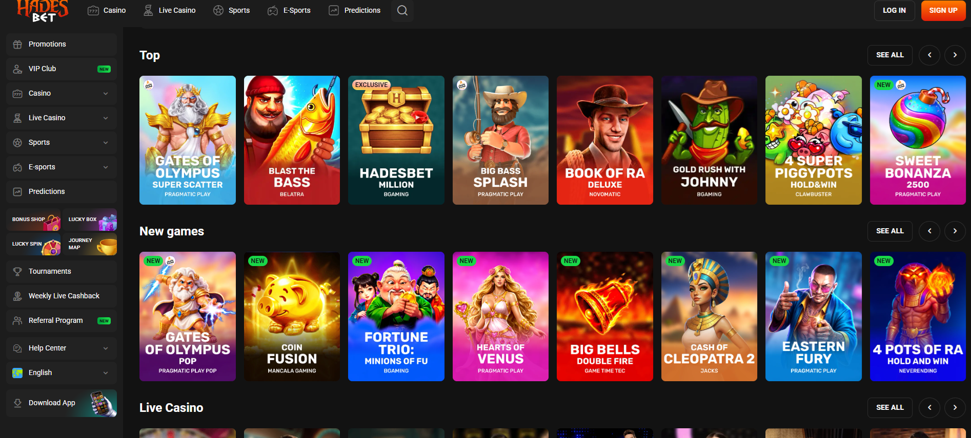 Capture d'écran du lobby Hades Bet montrant les jeux populaires et les nouveaux jeux