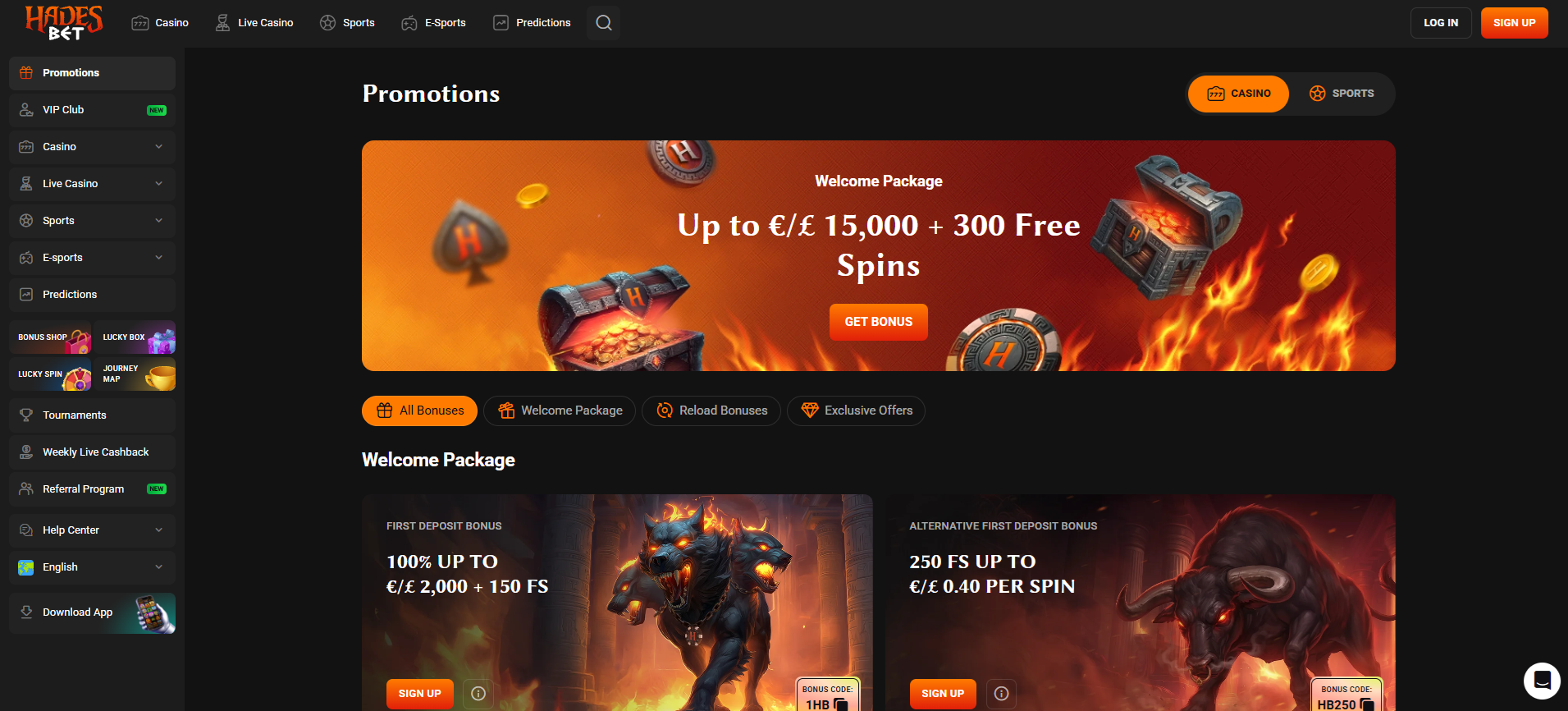 Capture d'écran des promotions Hades Bet et du bonus de bienvenue